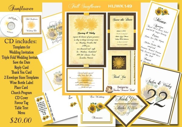 Delux Fall Sunflower Wedding Invitation Kit on CD