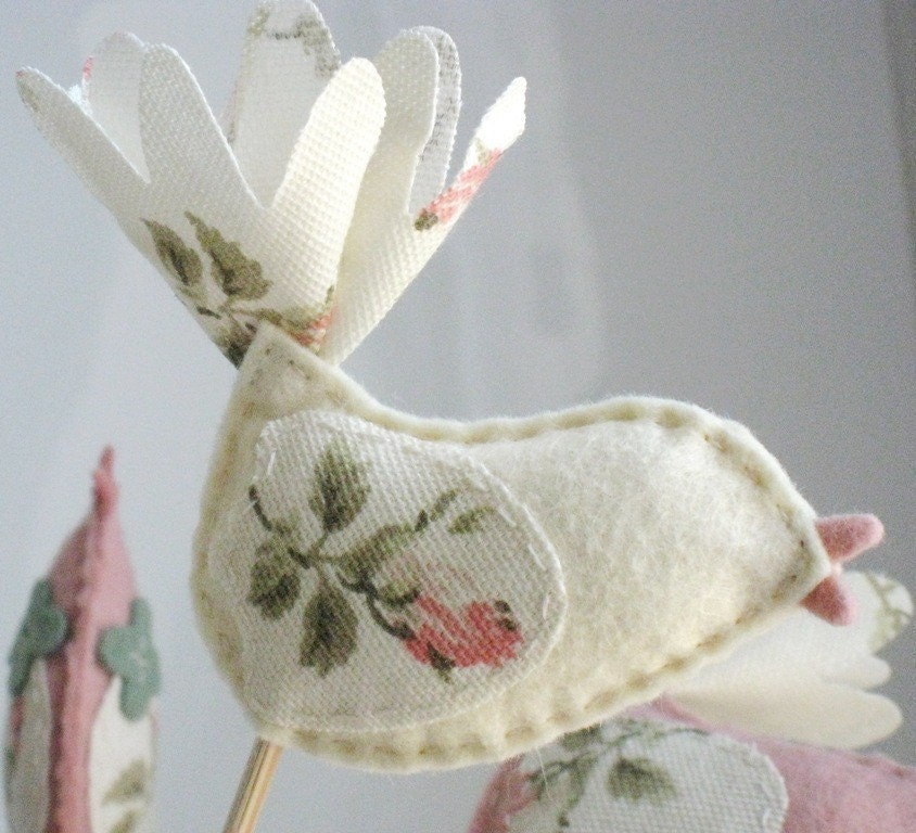 Wedding Cake Topper or Vase Filler Wool Felt and Fabric Bird Bouquet Set