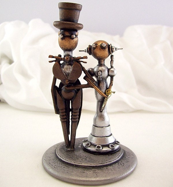 SMALL or CUPCAKE Elegant Robots Wood Wedding Cake Topper Space Princess 