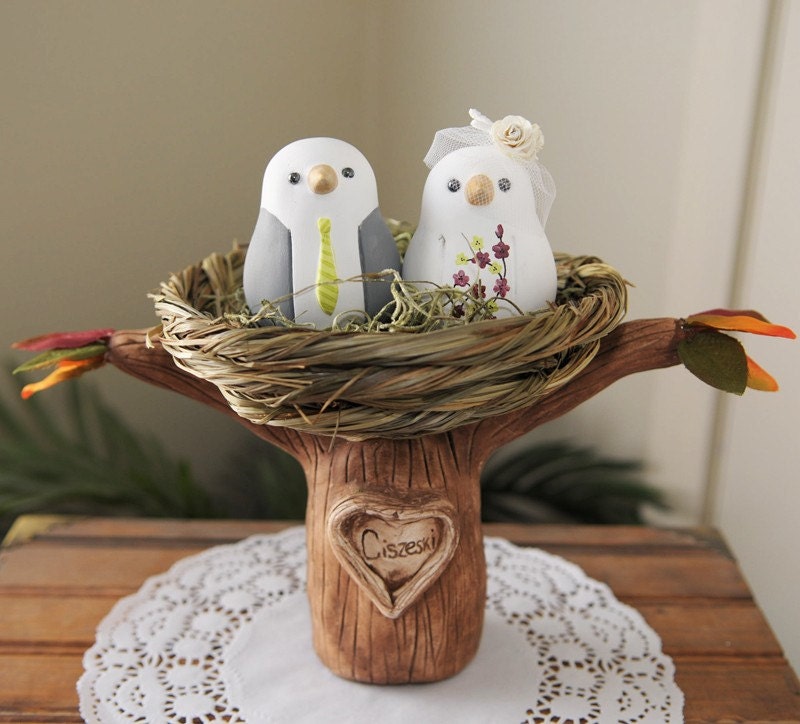 Custom Wedding Cake Topper Love Birds Tree with Nest Hand Sculpted