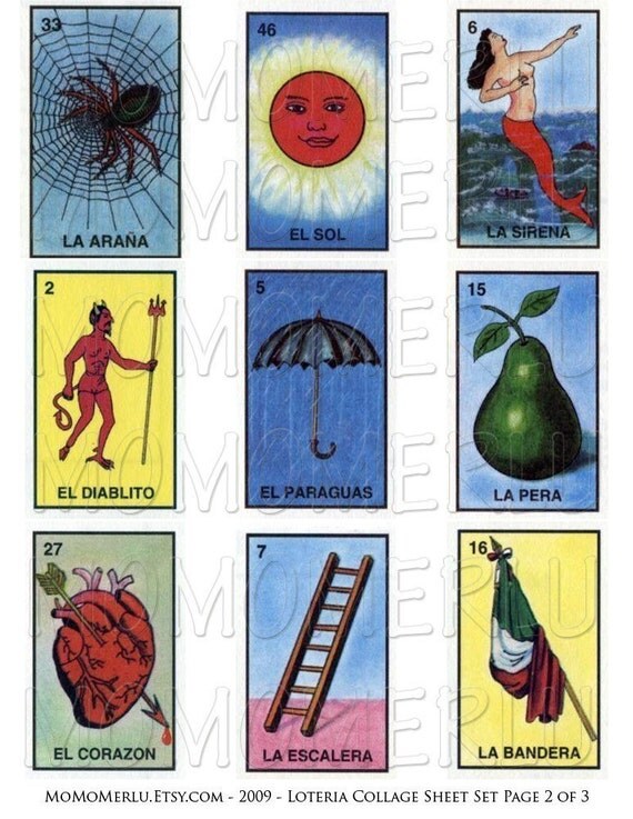 Mexican Loteria Game Cards 3 Sheets Large Rectangles For