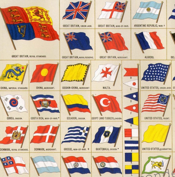 Flags Of All Nations 1895 Huge Victorian Era Chromolithograph