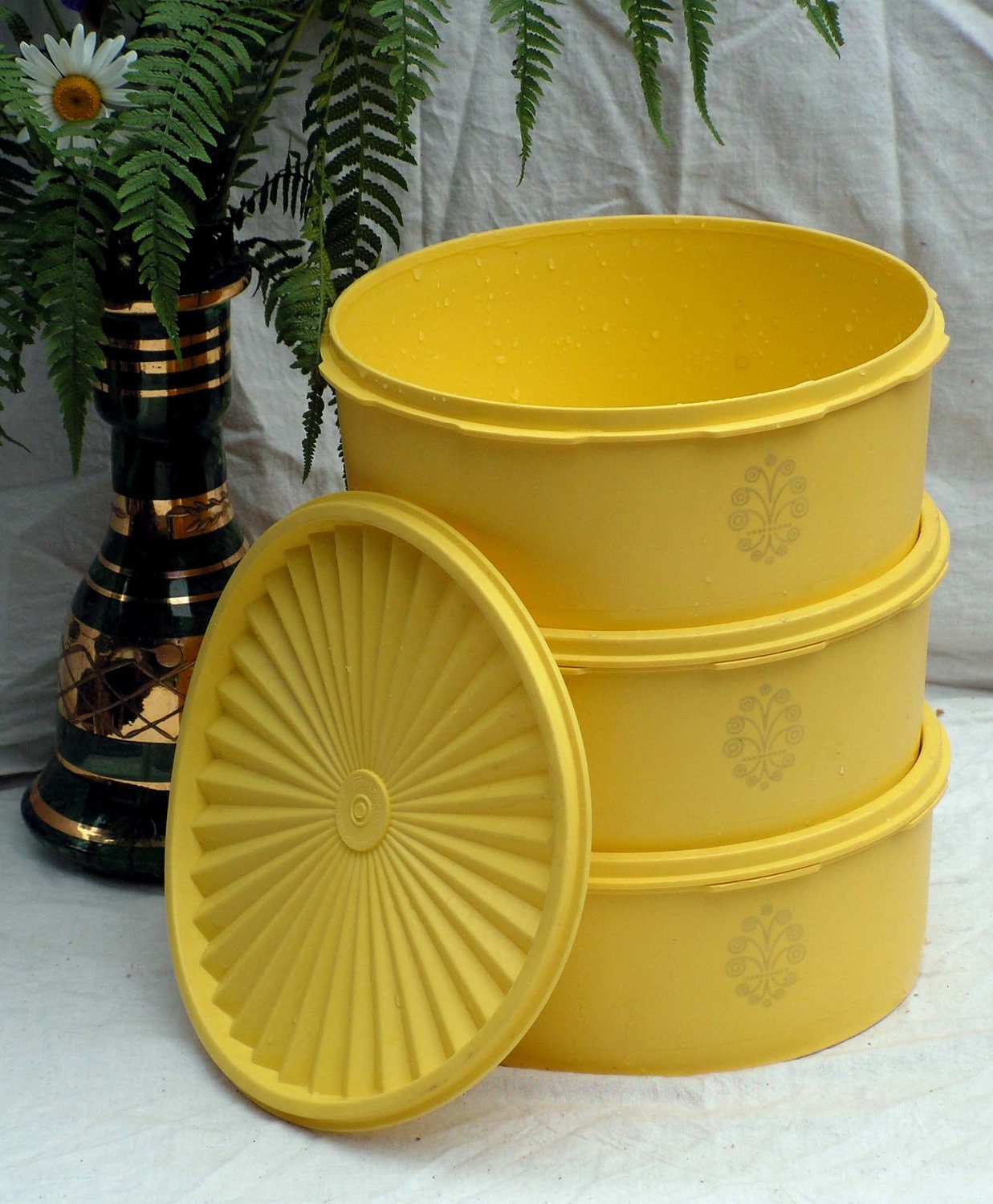 Tupperware Yellow Canister Set Three Servalier Lids 1970s