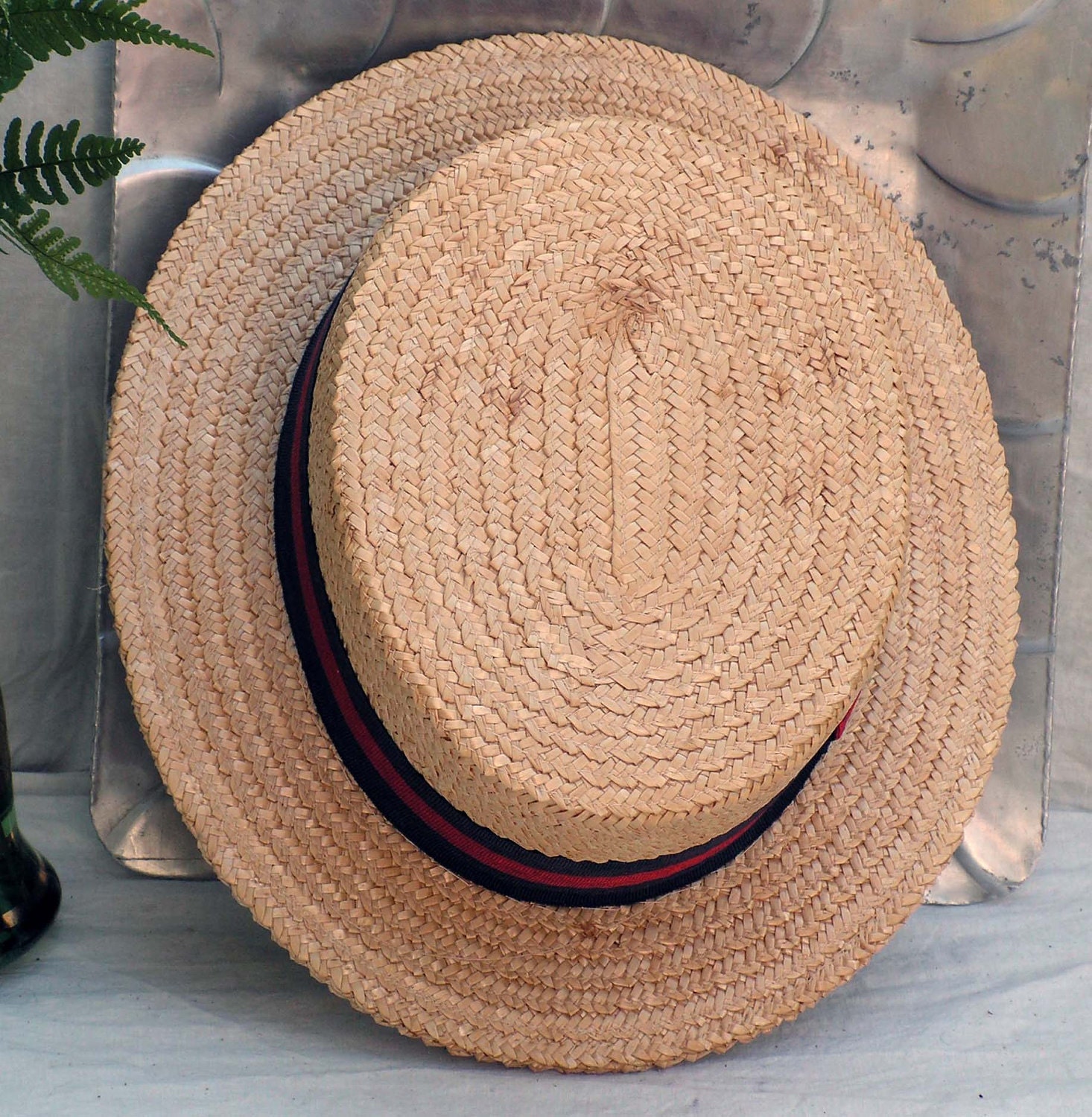 Men's Boater Hat Palm Straw Italy Size 7.25 Euro Size 58