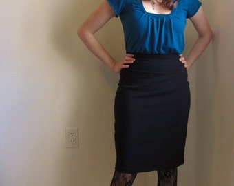 Womens Pencil Skirt, Black Stretch Cotton, Jersey knit pull on skirt, Straight skirt Basic every day layering yoga waistband - Made to Order
