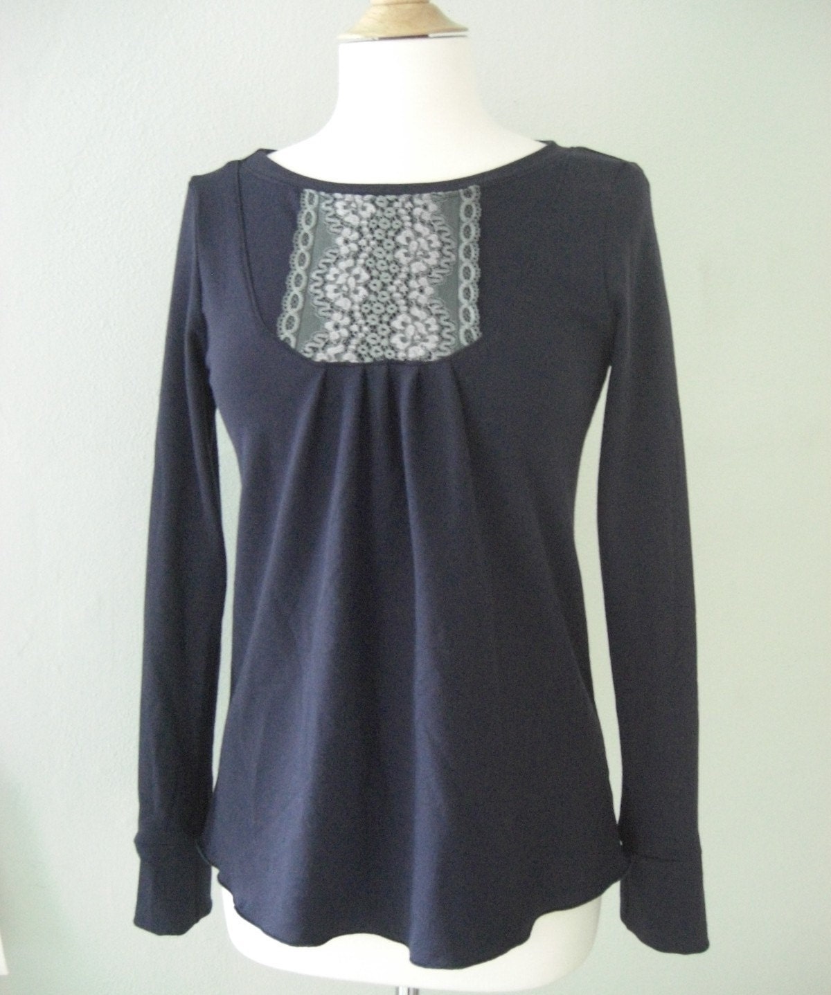 Navy Lace Yoke Long Sleeve Top by ellainaboutique on Etsy