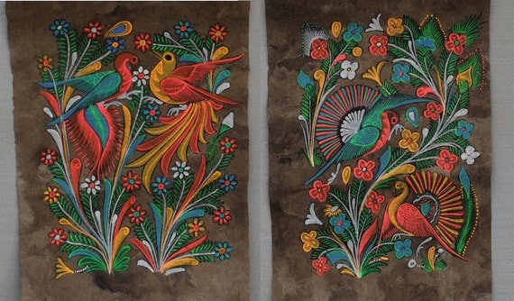 mexican folk art bark paintings Birds / Phoenix and flowers