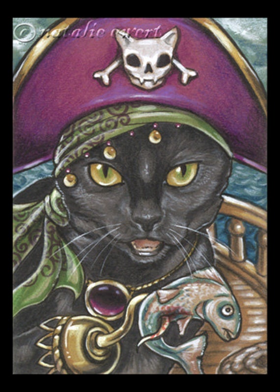 Pirate Cat 2 Signed Art Print -You Choose - 2.5x3.5, 5x7 or 8x10 in., Anthro Black Cat Fish Ren Fair Gold Eye Ship Hat Hook Dishythicket