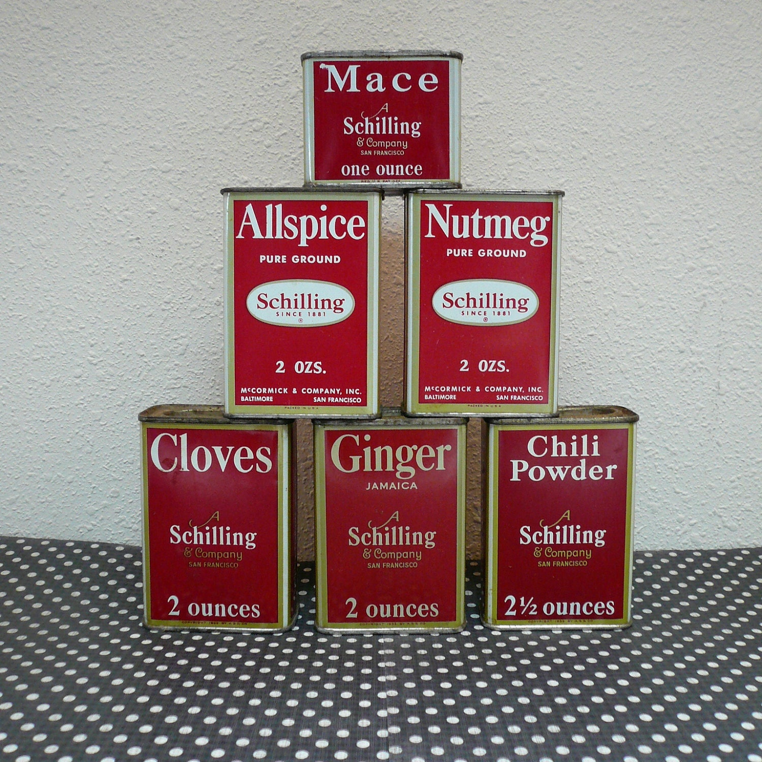 Vintage DECORATIVE SPICE TINS / Set of 7 Old Schilling