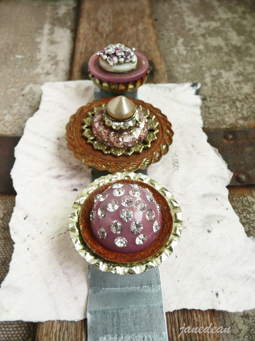 3 Rust and Rhinestone upcycled jewelry and junk