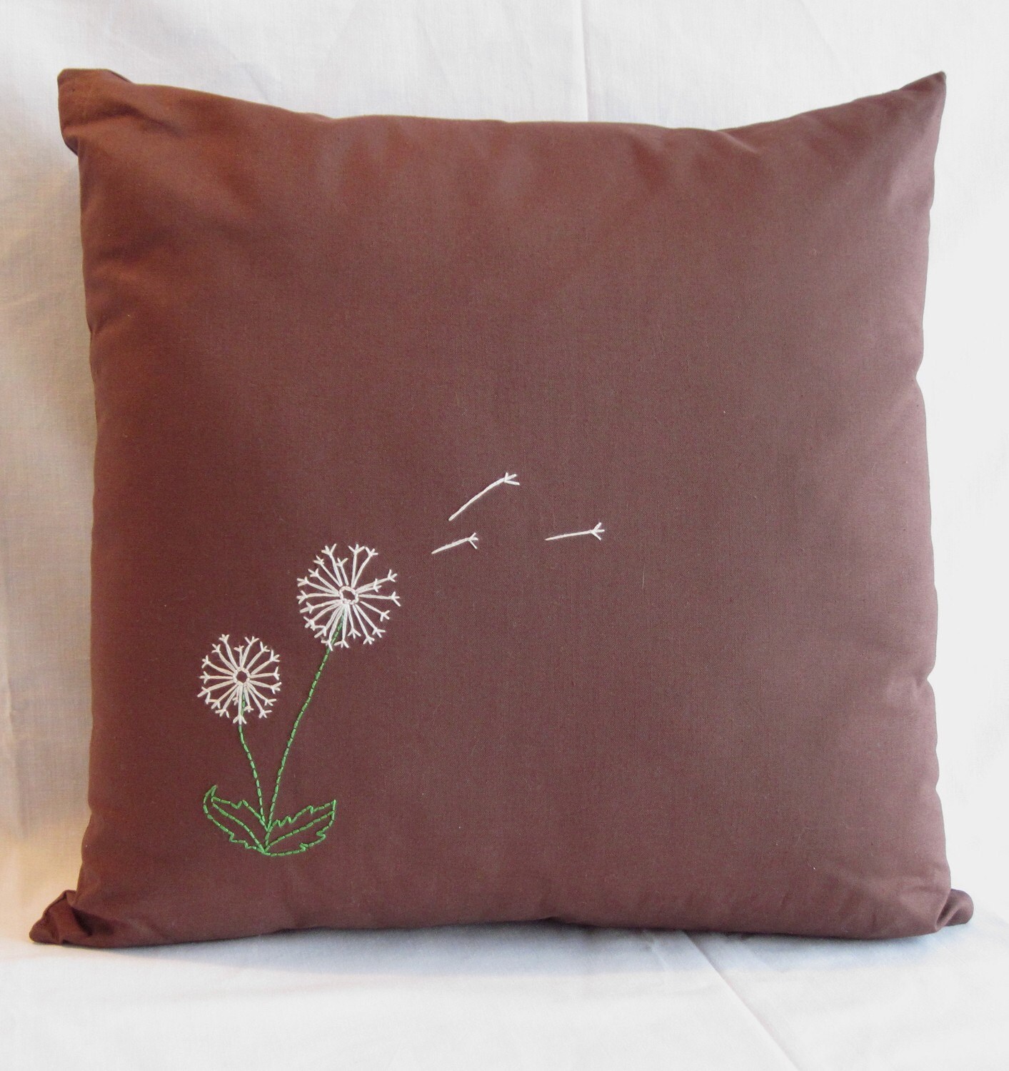 Hand Embroidered Dandelion Pillow on Brown by PoetCharms on Etsy