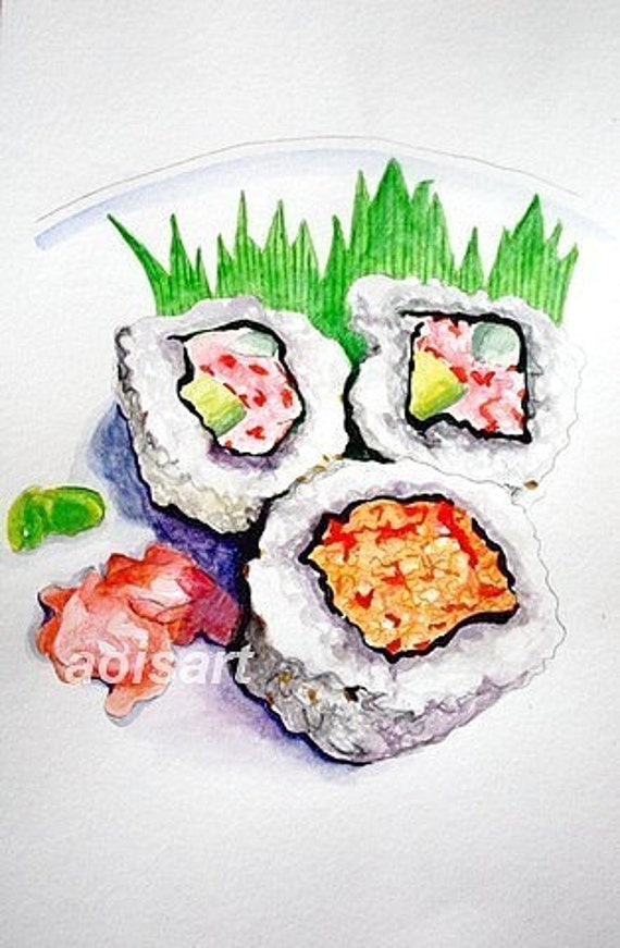 California Japanese Sushi Rolls Original Watercolor Food