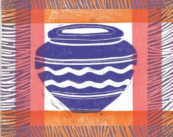 RELIEF LINO PRINT - Africa Pot 1- Monoprint One of a Kind 6"x6"
