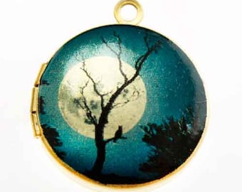 Photo Locket, Image Locket, Art Locket, Picture Locket, Brass Locket - BLUE Moonlit TREE