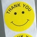 20 big round 'thank you' stickers, yellow smiley faces, 2 inch