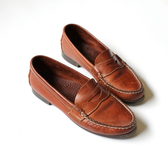vintage 90's shoes CHESTNUT leather stitched loafers