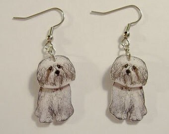 Handcrafted Plastic 2 Dimensional Havenese Dog Dangle Earrings Keyring
