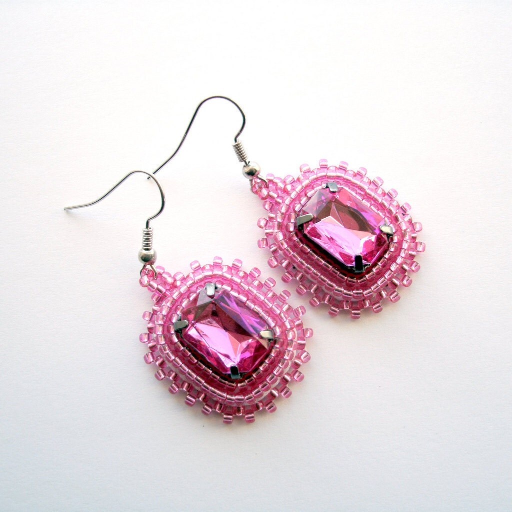 Beaded Earrings Pink Rhinestone