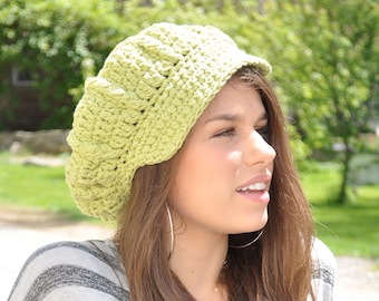 Apple Green Cotton Crocheted Newsboy Hat - Summer Accessories