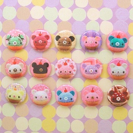 Amigurumi Cupcake Bears 15 pin badge set B one inch buttons