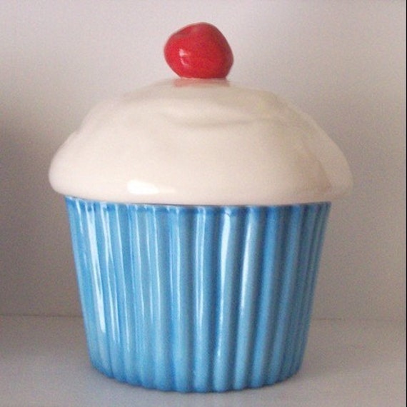 Ceramic Blueberry Turquoise Cupcake Cookie Jar Container W/