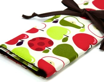 Large Knitting Needle Case - Apples 2 Apples - brown pockets for circular, straight, dpn, or paint brushes
