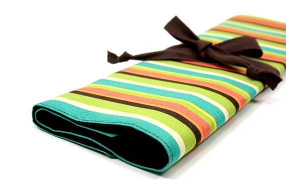Knitting Needle Case - Frolic Stripes - IN STOCK 30 brown pockets for straights, circular, double pointed or paint brushes