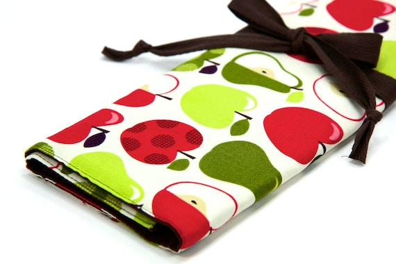 Large Knitting Needle Case - Apples 2 Apples - brown pockets for circular, straight, dpn, or paint brushes