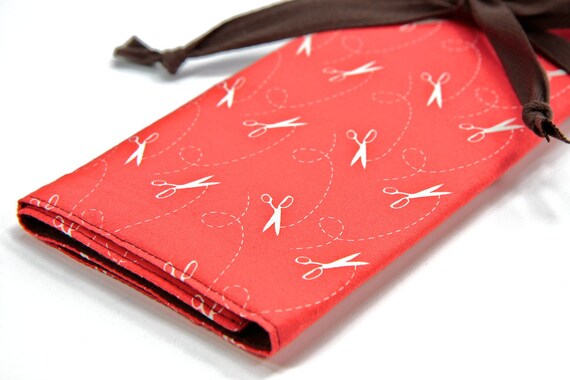 Large Knitting Needle Case Organizer - Scissors - 30 brown pockets for circular, straight, dpn, or paint brushes
