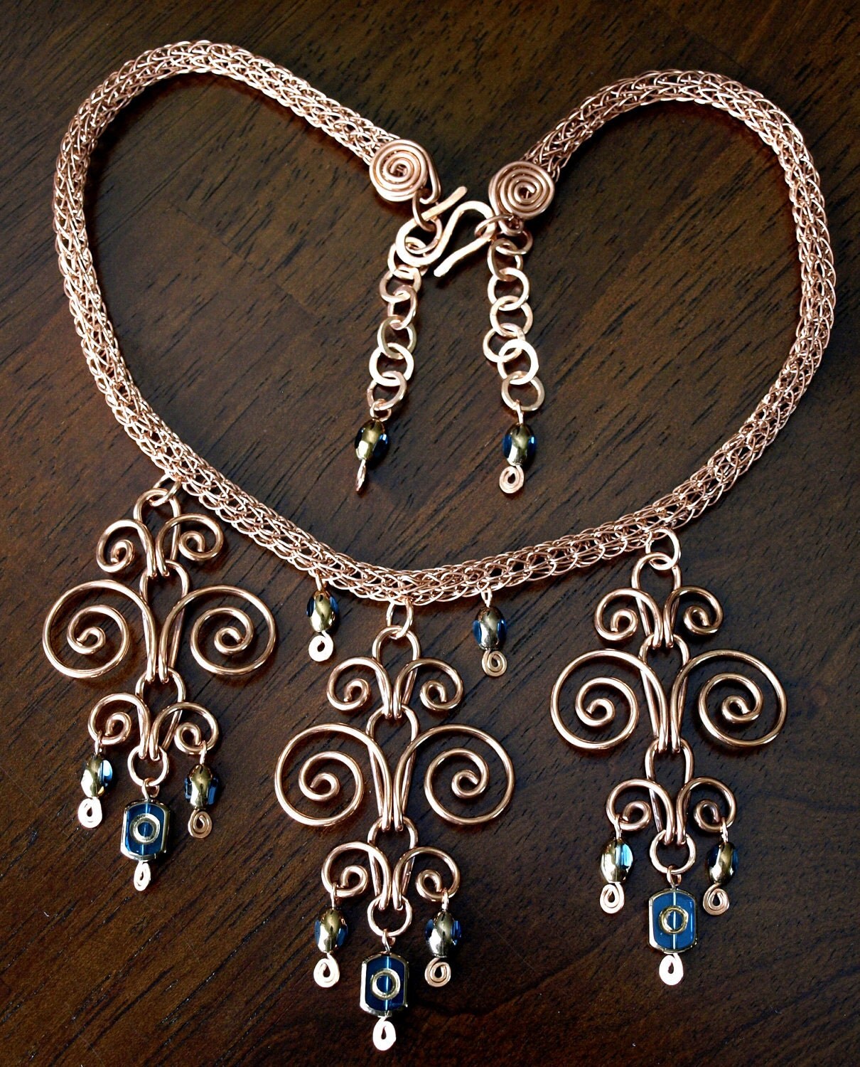Copper Viking Knit Necklace With Blue Beads Handcrafted