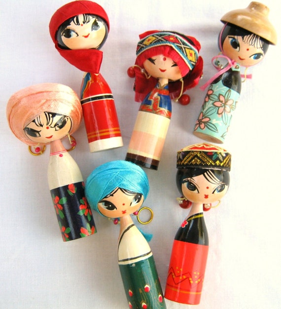 Vintage Wooden Bobble Head Dolls Of The World Set Of Six