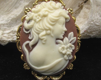 Cameo Brooch Cocoa Brown and Ivory Color Pin or Pendant