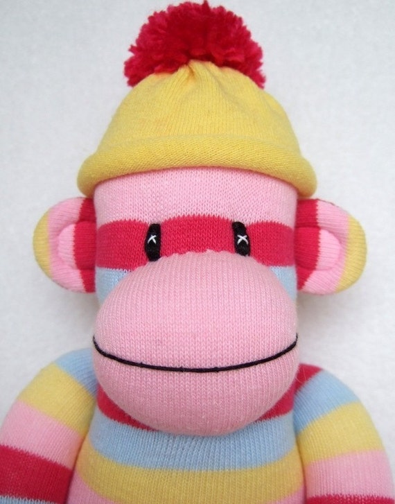 pink striped sock monkey