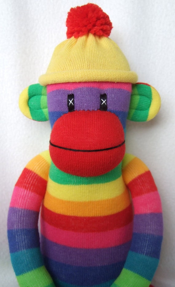 Happy Rainbow Sock Monkey made to order by Sunsetgirl on Etsy