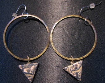 Hand Crafted Oxidized Brass Hoop Earrings With Leopardskin Jasper Triangles