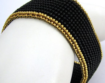 Gold-Rimmed Serendipity in Black Peyote Cuff / Peyote Bangle(2553) - A Sand Fibers Creation