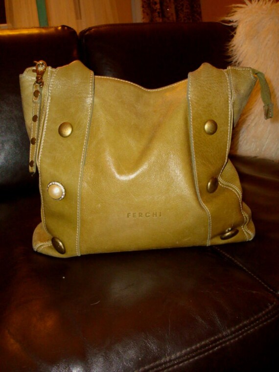Vintage Olive Green Leather Ferchi Handbag With by froufrouagogo