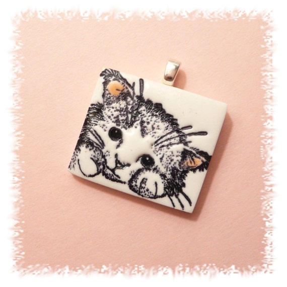 Sweet Cat Pendant pink and white kitty - whimsical hand crafted polymer clay jewelry