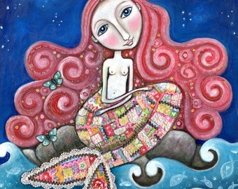 Mermaid art print whimsical folk art romantic wall decor women girl red hair patchwork mixed media painting - "Plenty of Fish In the Sea"