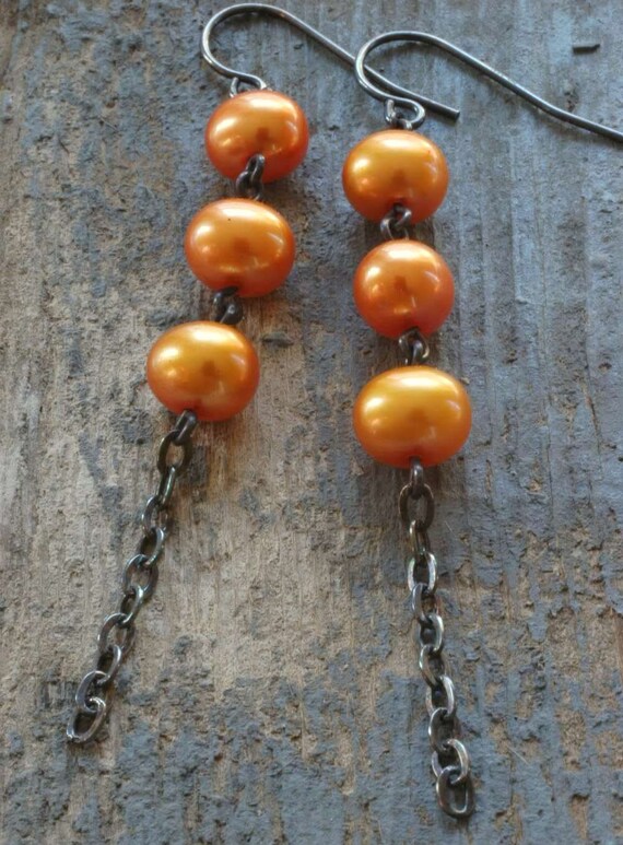 triple orange pearl earrings. freshwater pearls & oxidized
