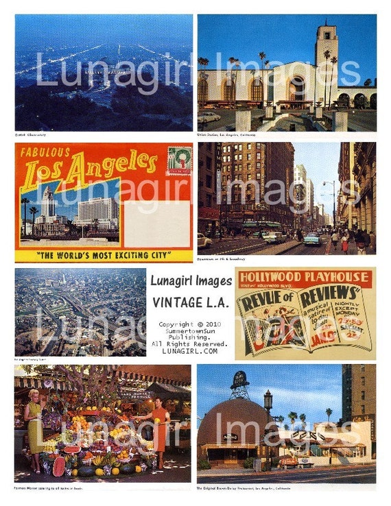 LOS ANGELES digital collage sheet vintage postcards 1950s