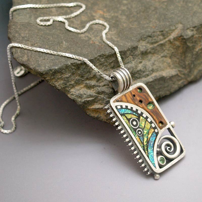Silver and Polymer Pendant with Iridescent Mosaic inlay