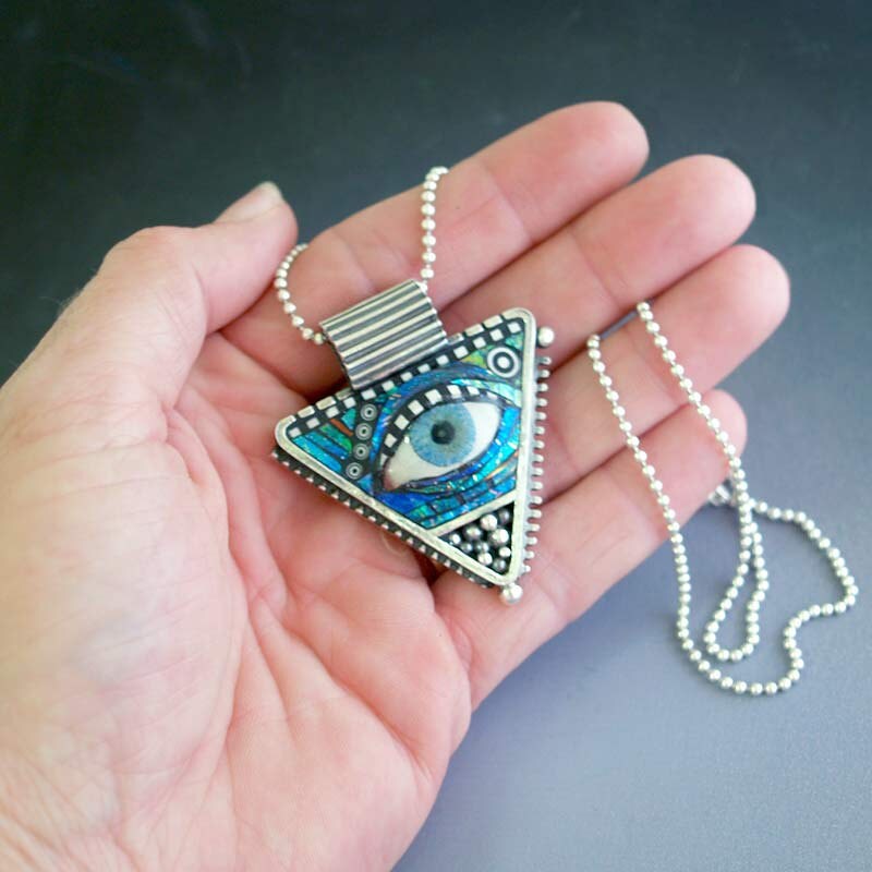 Silver Triangle Pendant with Eye inlaid with Blue Green