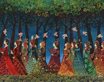 Twelve Women with Birds Goddess Art 11x14 Print Psychedelic Fairy Tale Pagan Mythology Psychedelic Bohemian Gypsy Goddess Art
