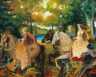 Autumn Riders Greeting 5x7 Card Fine Art Print Renaissance Medieval Surreal Fall Forest Equine Goddess Art