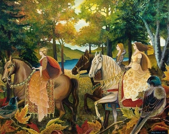 Autumn Riders 11x14 Giclée Print on Canvas Fine Art Print Renaissance Medieval Surreal Fall Forest Equine Goddess Art