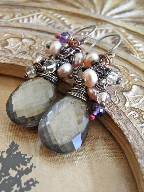 Yellow - Antique Silver Finish Oxidised Stone Work Earrings 111