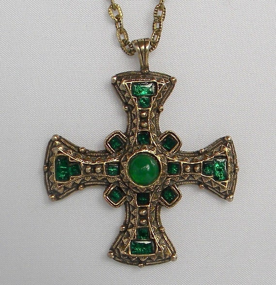 Vintage Celtic Cross Necklace Miracle Green Stones