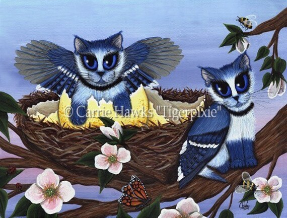 Cat Art Birds Blue Jay Kittens Cats Fantasy Art Limited Edition Canvas Print 11x14