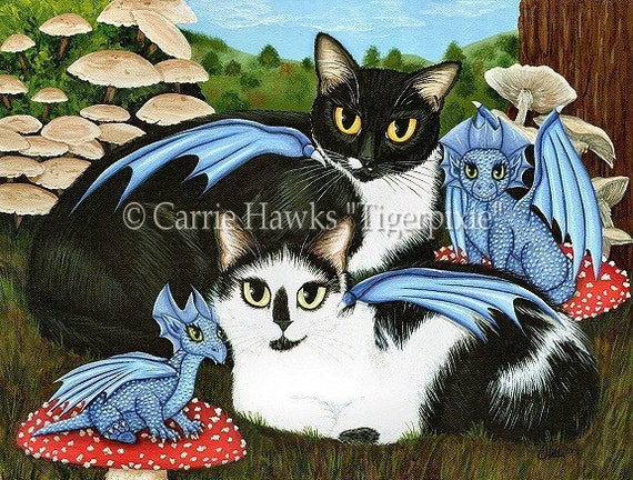 Tuxedo Cat Art Original Cat Painting Cats Dragons Mushrooms Forest Fantasy Cat Art Original Canvas Painting 12x16